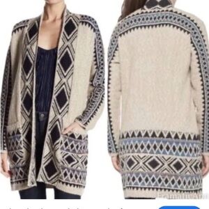 Lucky Brand Cream and Blue Geometric Cardigan